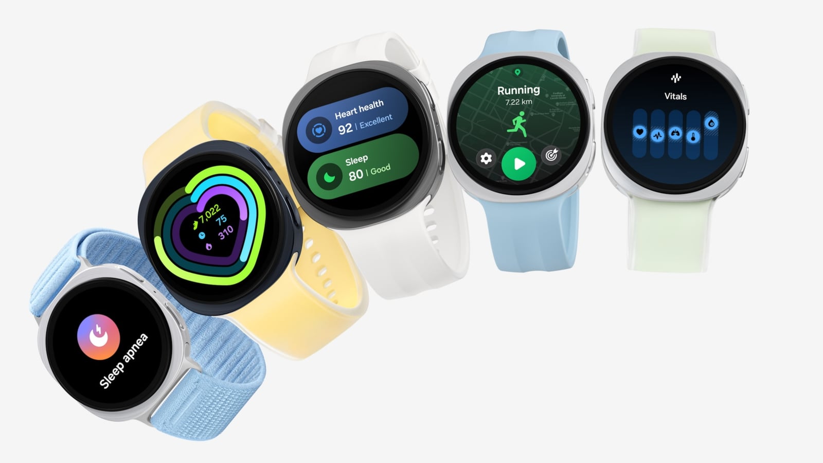 Galaxy Watch9 쿠션 디자인과 다양한 워치 화면
